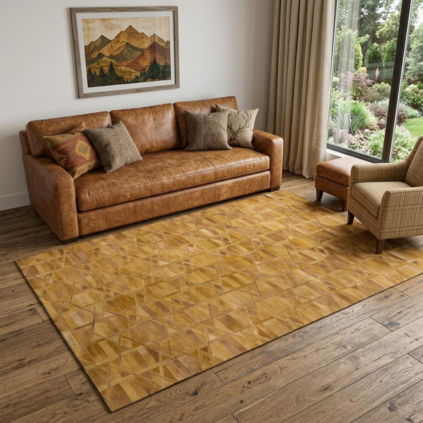 5' X 8' Brown Beige And Gold Geometric Washable Area Rug With UV Protection
