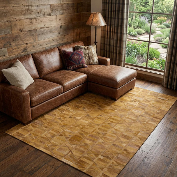 8' X 10' Brown Beige And Gold Geometric Washable Area Rug With UV Protection