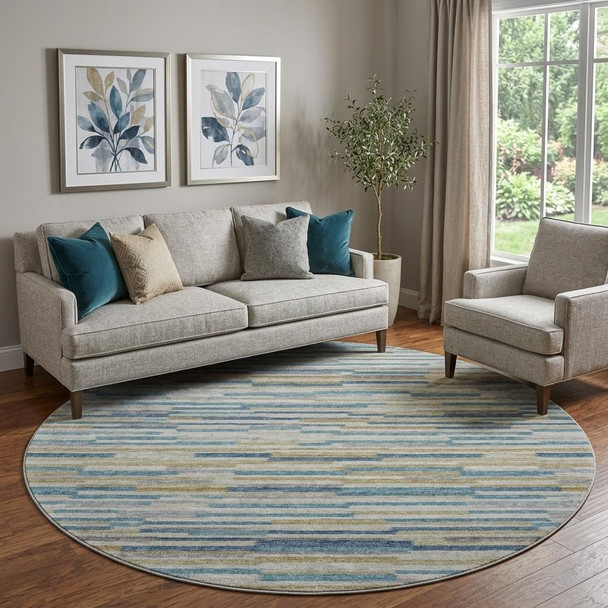 8' Blue Ivory And Gold Abstract Washable Round Rug With UV Protection