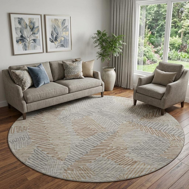 8' Coffee Ivory And Gray Botanical Leaves Washable Round Rug With UV Protection