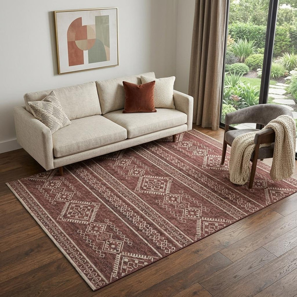 5' X 8' Burnt Sienna And Ivory Tribal Distressed Washable Area Rug With UV Protection
