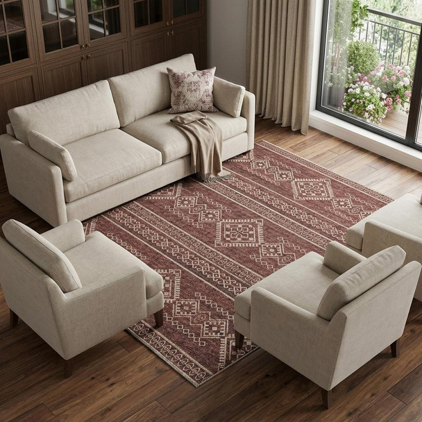 10' X 14' Burnt Sienna And Ivory Tribal Washable Area Rug With UV Protection