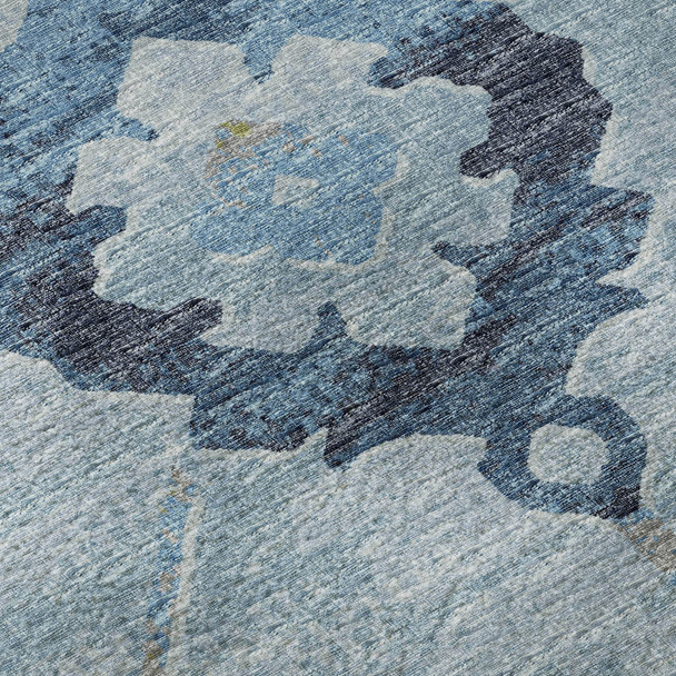 5' X 8' Blue And Olive Green Floral Medallion Washable Area Rug With UV Protection