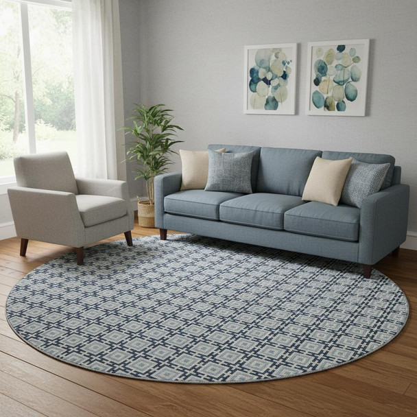 8' Navy Blue And Ivory Geometric Washable Round Rug With UV Protection
