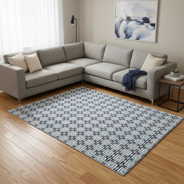 10' X 14' Navy Blue And Ivory Geometric Washable Area Rug With UV Protection