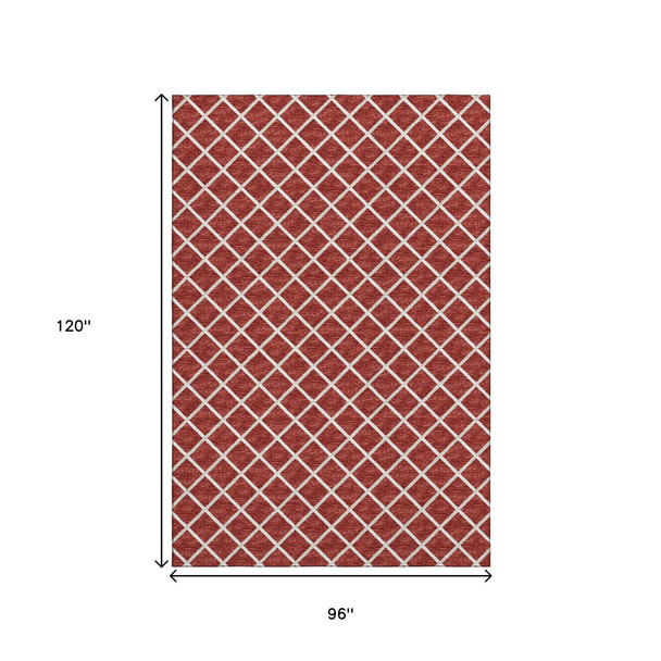 8' X 10' Red And Ivory Geometric Washable Area Rug With UV Protection