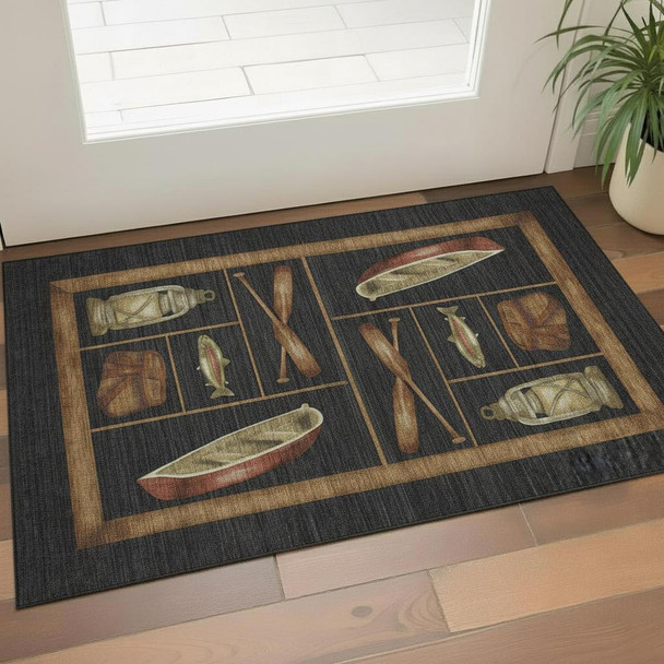 3' X 5' Midnight Brown And Rust Nautical Washable Area Rug With UV Protection