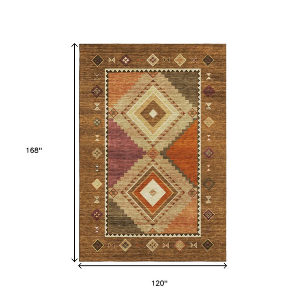 10' X 14' Brown Orange And Beige Geometric Washable Area Rug With UV Protection
