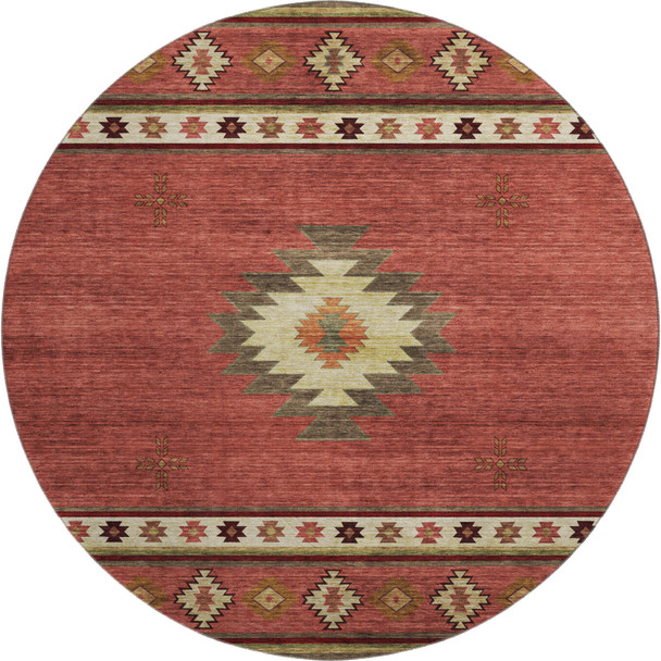 8' Cinnamon Ivory And Beige Geometric Washable Round Rug With UV Protection