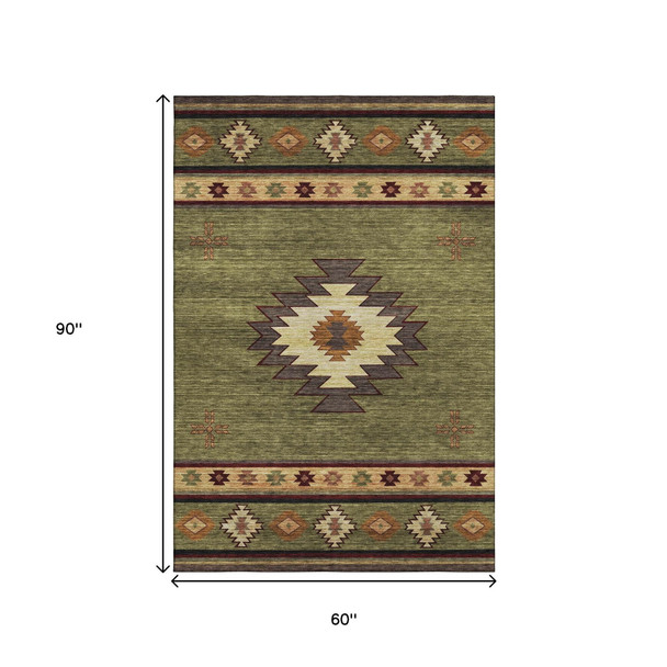 5' X 8' Green Beige And Brown Geometric Washable Area Rug With UV Protection