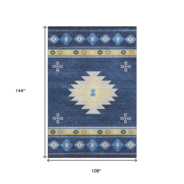 9' X 12' Blue Ivory And Gold Geometric Washable Area Rug With UV Protection