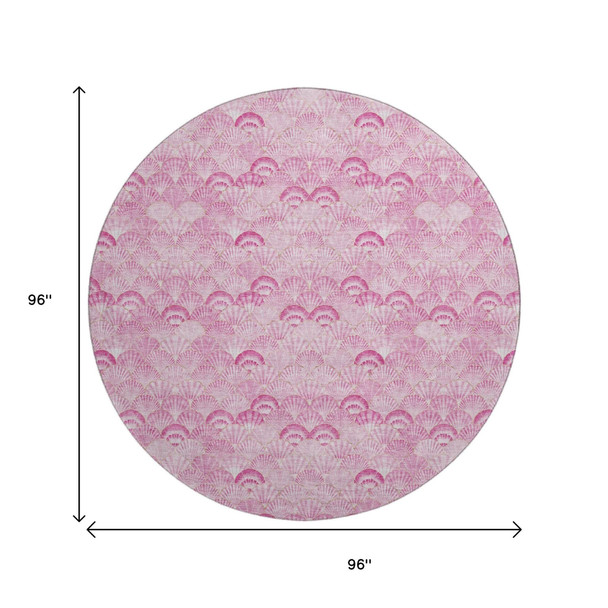8' Pink And Ivory Geometric Washable Round Rug With UV Protection