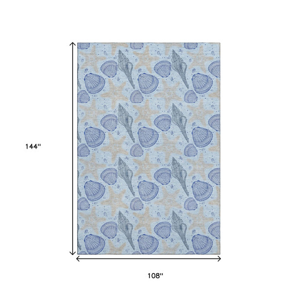 9' X 12' Blue And Beige Geometric Washable Area Rug With UV Protection