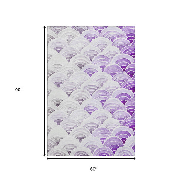 5' X 8' Purple Ivory And Gray Geometric Washable Area Rug With UV Protection