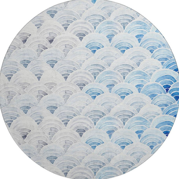8' Blue Ivory And Gray Geometric Washable Round Rug With UV Protection