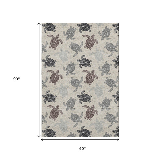 5' X 8' Sand Ivory And Gray Geometric Washable Area Rug With UV Protection