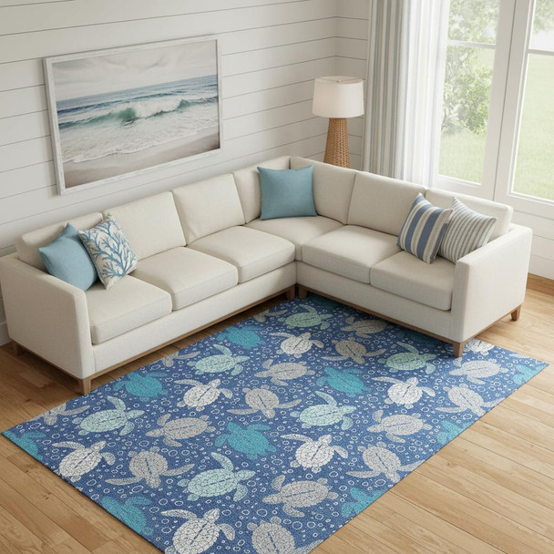 9' X 12' Blue Ivory And Gray Geometric Washable Area Rug With UV Protection