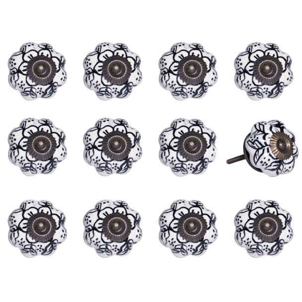 Set of Twelve Black And White Floral Ceramic Drawer Pull Knobs