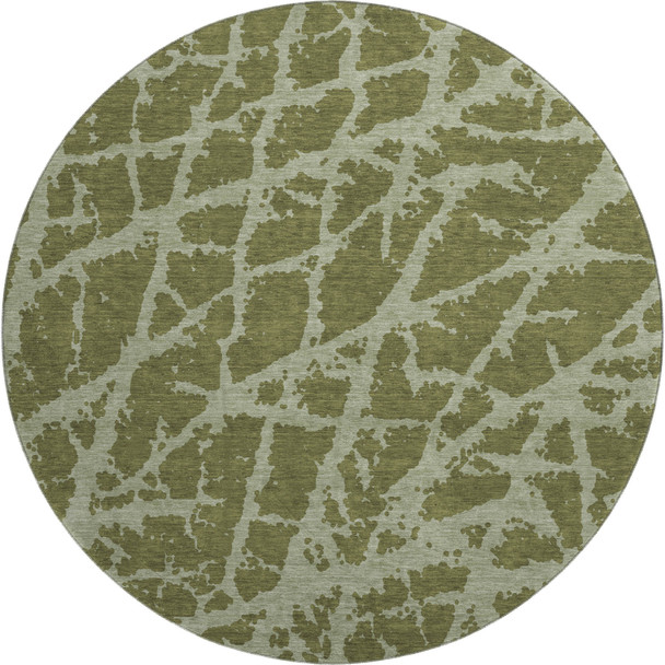 8' Olive Green And Gray Abstract Washable Round Rug With UV Protection