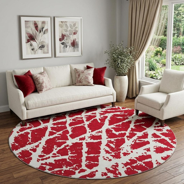 8' Red And Ivory Abstract Washable Round Rug With UV Protection