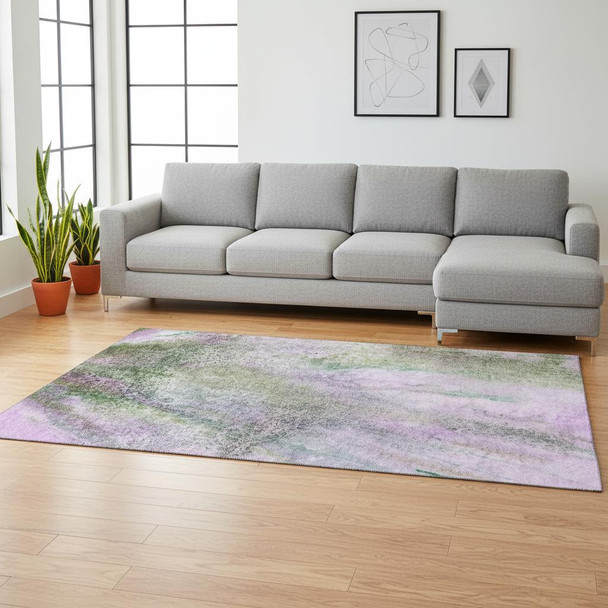 10' X 14' Purple And Green Abstract Washable Area Rug With UV Protection