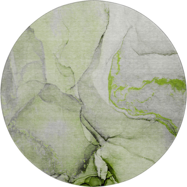8' Green Gray And Ivory Abstract Washable Round Rug With UV Protection