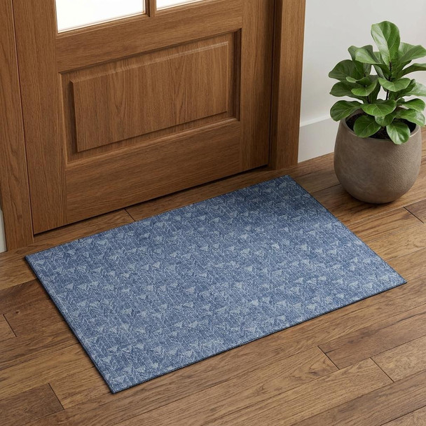 3' X 5' Navy Blue And Ivory Geometric Washable Area Rug With UV Protection