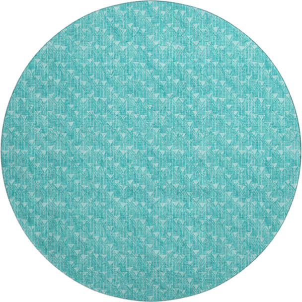 8' Teal And Ivory Geometric Washable Round Rug With UV Protection