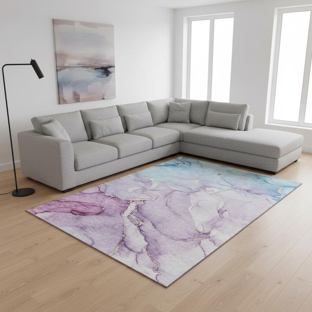 10' X 14' Purple Blue And Ivory Abstract Washable Area Rug With UV Protection