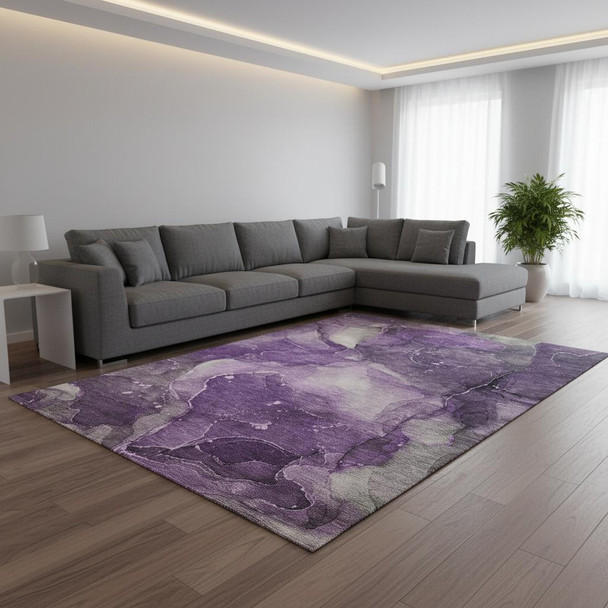 10' X 14' Purple Ivory And Gray Abstract Washable Area Rug With UV Protection