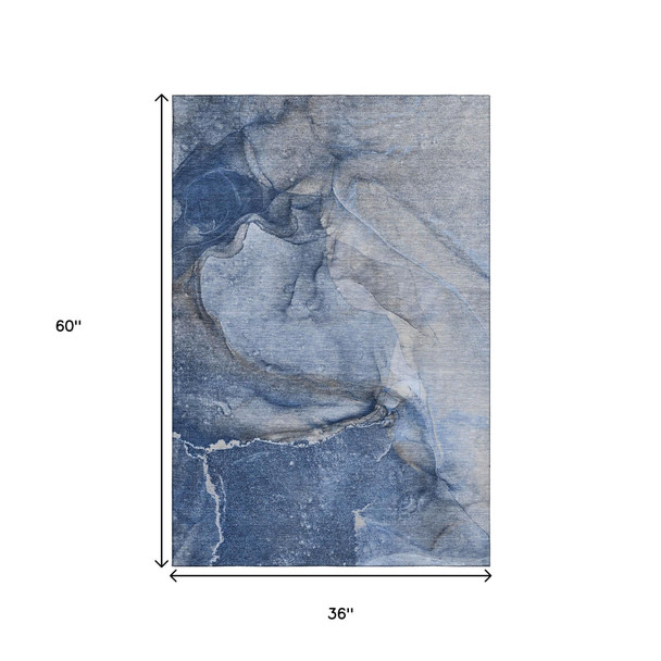 3' X 5' Navy Blue And Ivory Abstract Washable Area Rug With UV Protection