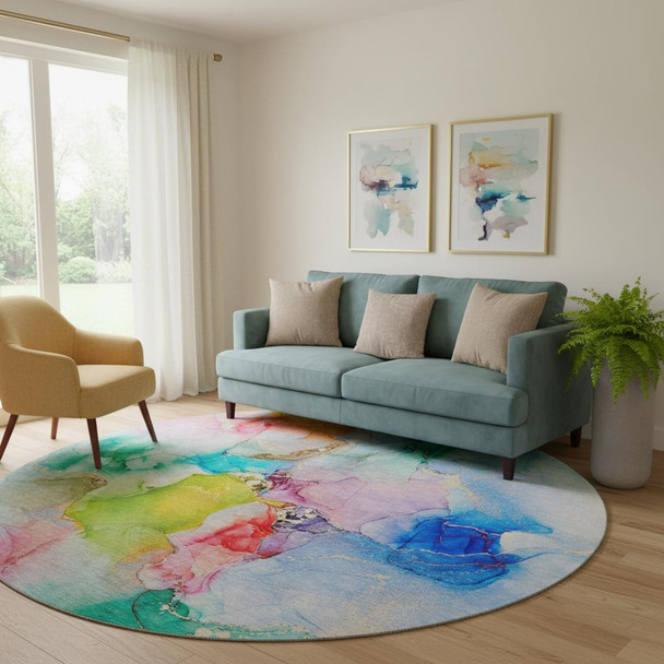 8' Blue Green And Purple Abstract Washable Round Rug With UV Protection