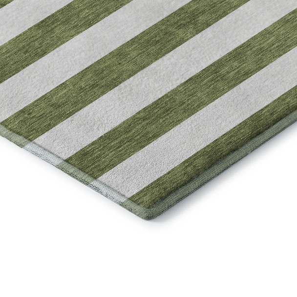 8' Olive Green And Ivory Striped Washable Round Rug With UV Protection