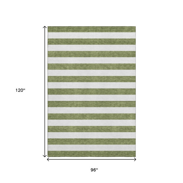 8' X 10' Olive Green And Ivory Striped Washable Area Rug With UV Protection