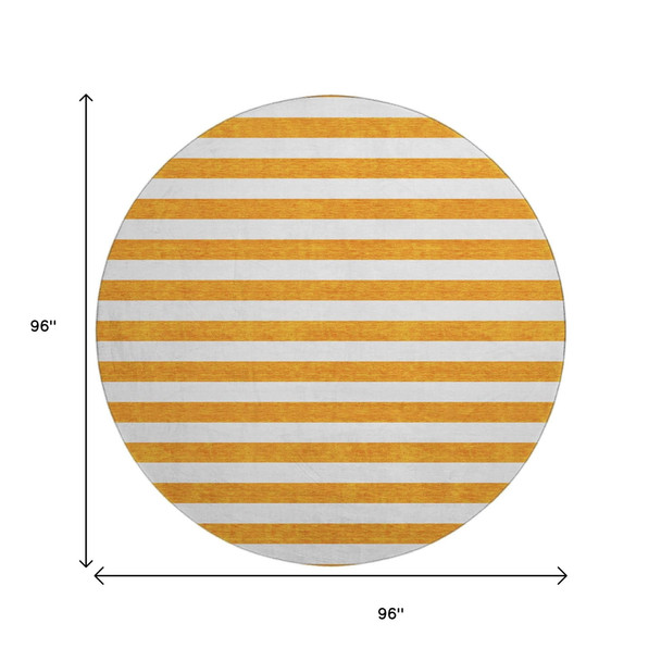 8' Orange And Ivory Striped Washable Round Rug With UV Protection