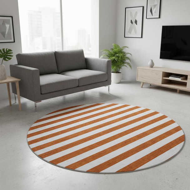 8' Rust And Ivory Striped Washable Round Rug With UV Protection