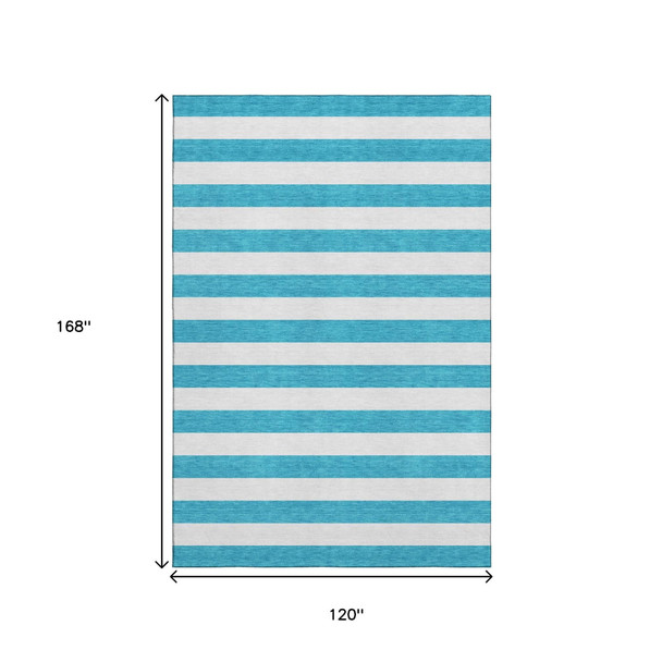 10' X 14' Teal And Ivory Striped Washable Area Rug With UV Protection