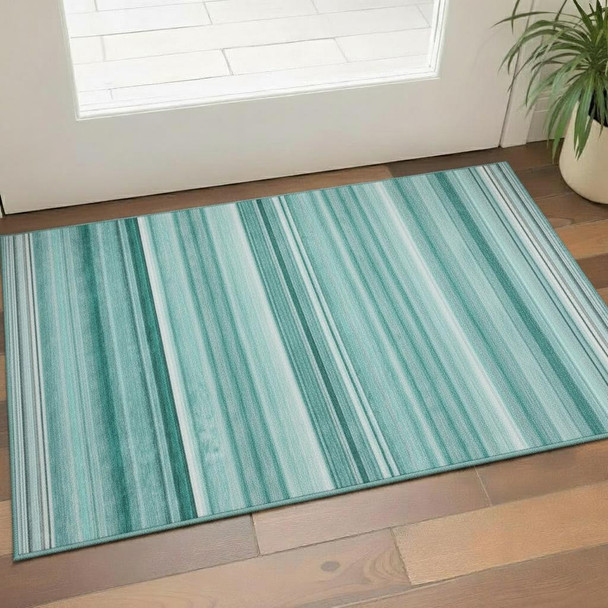 3' X 5' Aqua And Ivory Striped Washable Area Rug With UV Protection