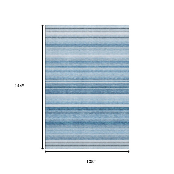 9' X 12' Blue And Ivory Striped Washable Area Rug With UV Protection
