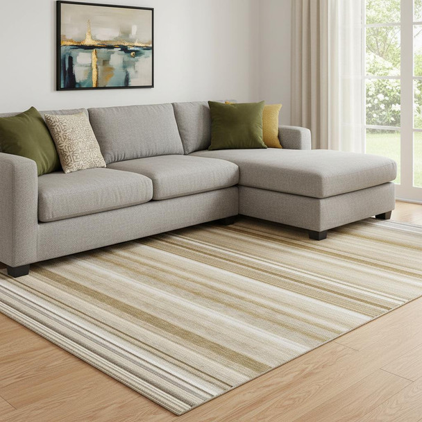 10' X 14' Chocolate And Ivory Striped Washable Area Rug With UV Protection