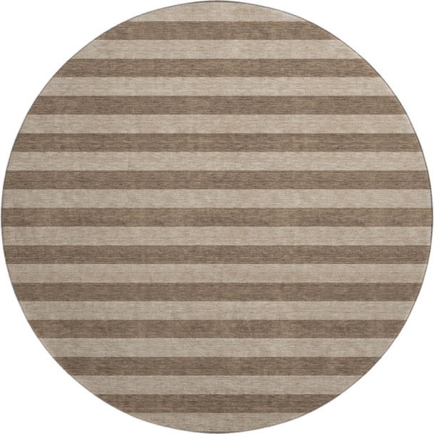 8' Coffee And Beige Striped Washable Round Rug With UV Protection