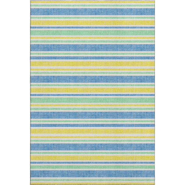 9' X 12' Yellow And Blue Striped Washable Area Rug With UV Protection
