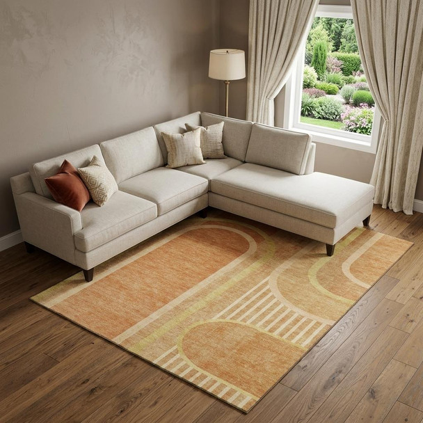 9' X 12' Terra Cotta And Gold Geometric Washable Area Rug With UV Protection