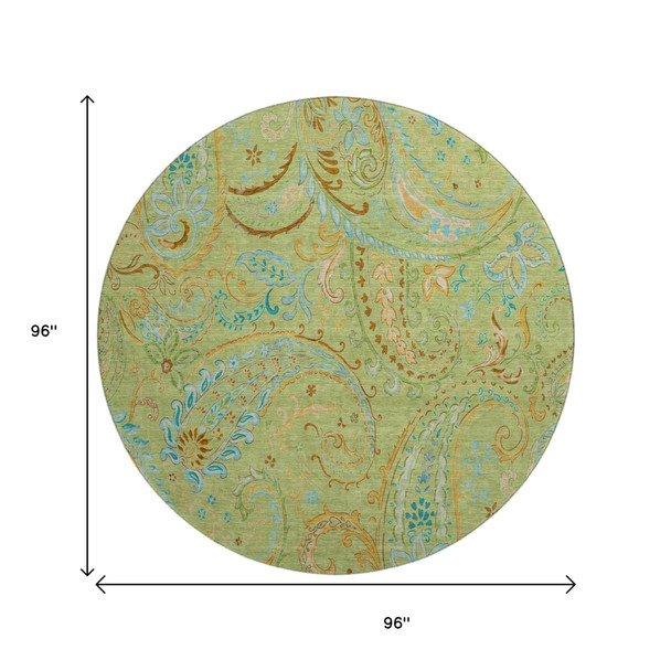 8' Fern Green And Blue Paisley Washable Round Rug With UV Protection
