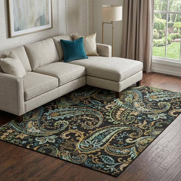 8' X 10' Black Blue And Green Paisley Washable Area Rug With UV Protection