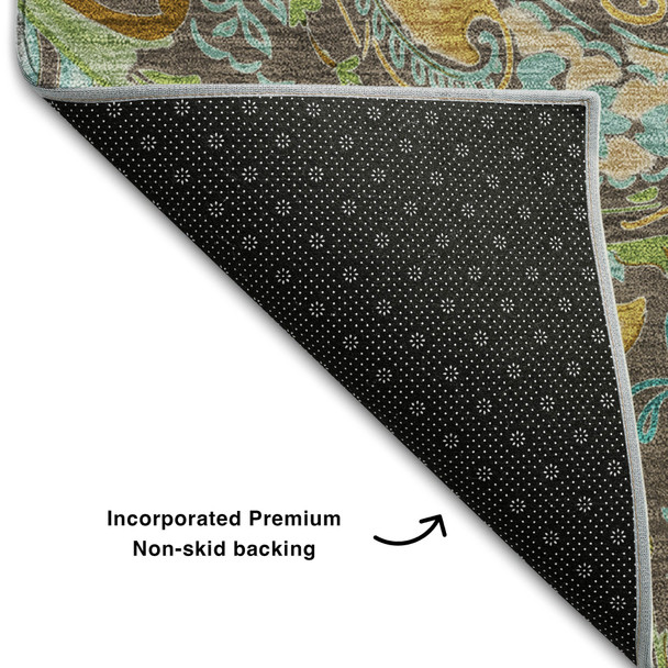 8' Chocolate Blue And Green Paisley Washable Round Rug With UV Protection