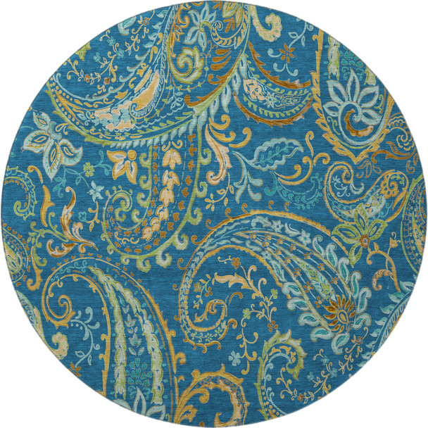 8' Navy Blue Green And Gold Paisley Distressed Washable Round Rug With UV Protection