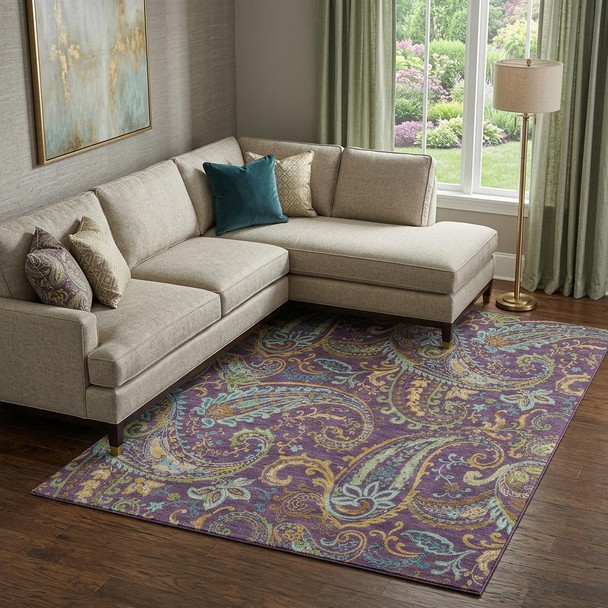 8' X 10' Purple Green And Blue Paisley Washable Area Rug With UV Protection