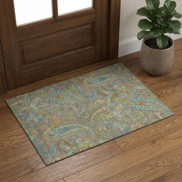 3' X 5' Taupe Green And Blue Paisley Washable Area Rug With UV Protection
