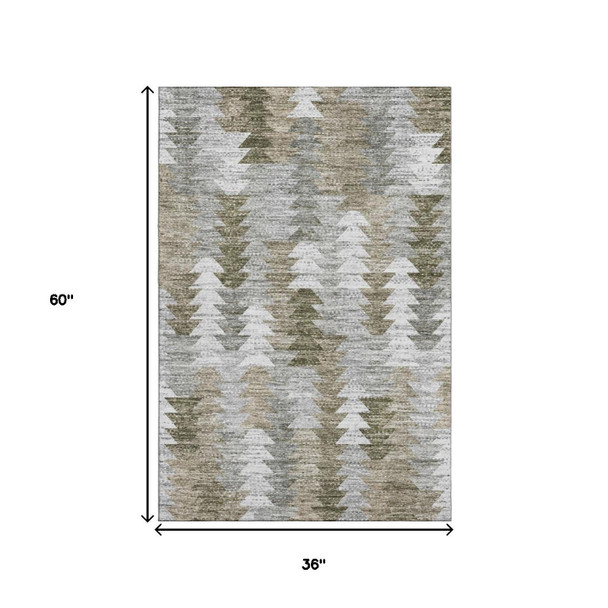 3' X 5' Brown Ivory And Gray Geometric Washable Area Rug With UV Protection